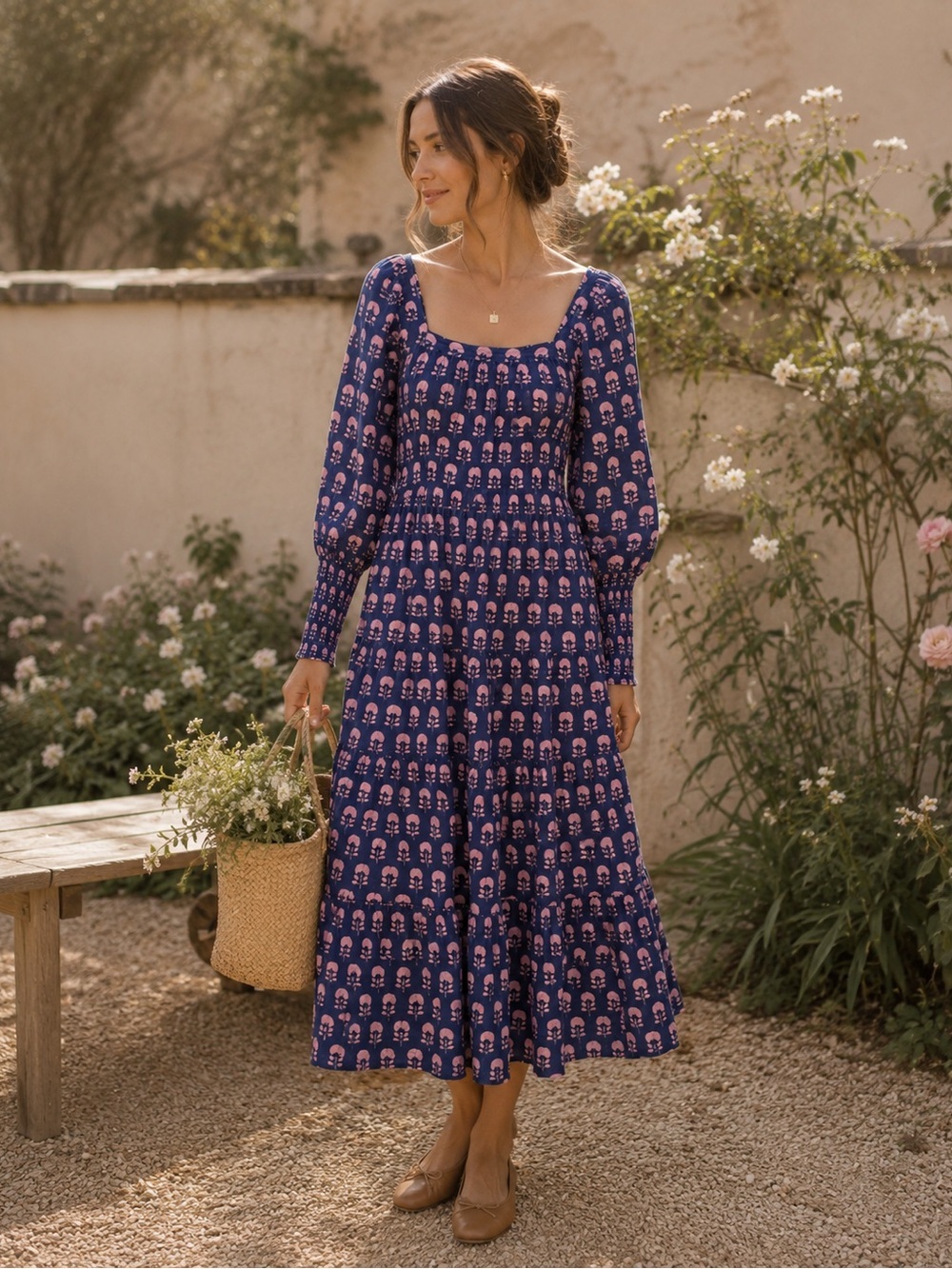 Navy & Pink Floral Dress | Cottagecore Square Neck Prairie Dress | Long Sleeve
